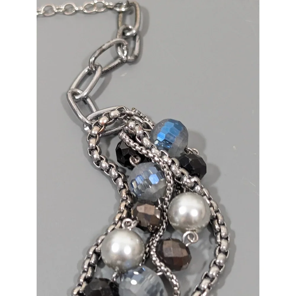 Layered Gray Beaded Statement Necklace‎ Silver Tone Multi Strand Bib 20